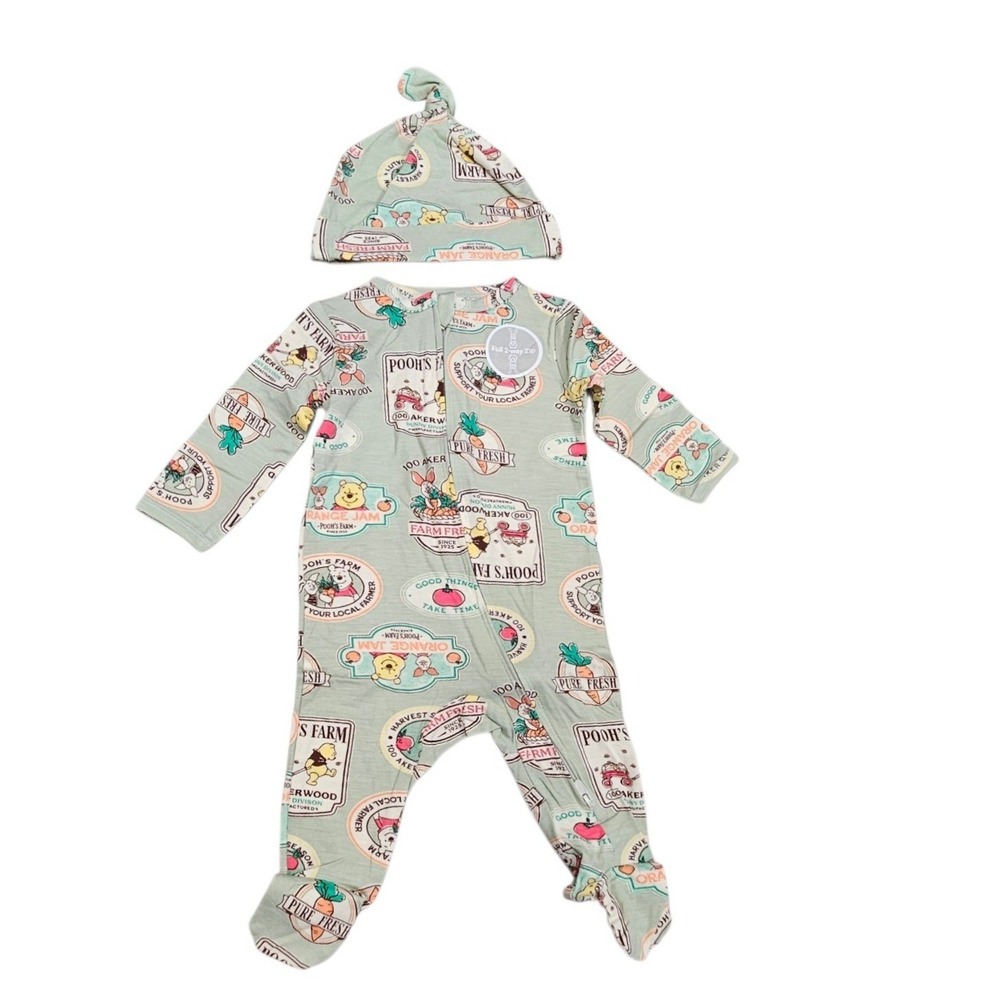 Disney Baby Sleeper Hat Set 0-3M Sage Poohs Farm Viscose Bamboo Soft Footie